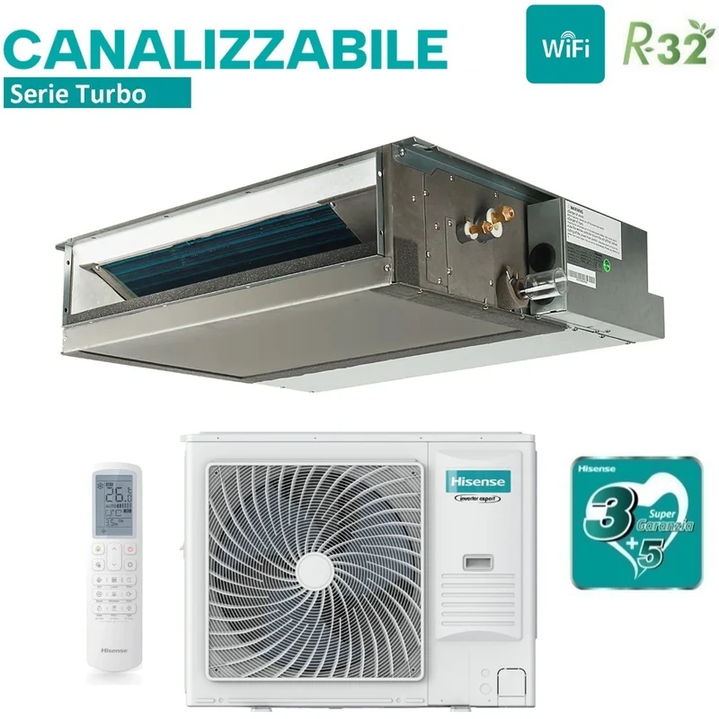 Climatiseur gainable Hisense Inverter série TURBO 60 000 BTU AUD175UX4RHH5 + AUW175U6RP4 triphasé R-32 Wi-Fi en option avec télécommande de série