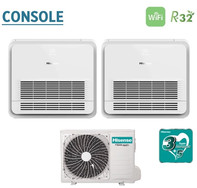 Climatiseur Hisense Dual Split Console 9+9 avec 2AMW52U4RXC R-32 Wi-Fi en option Télécommande standard incluse 9000+9000