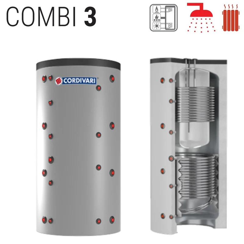 Chauffe-eau à accumulation Cordivari COMBI 3 WB 600 avec réservoir de stockage Polywarm ACS et 2 échangeurs fixes