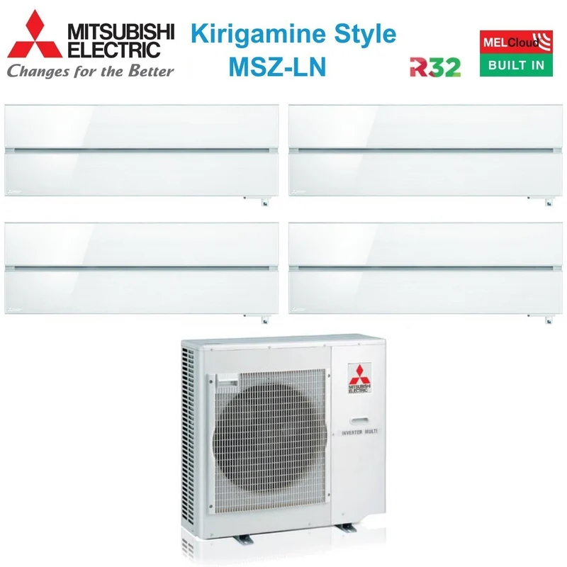 Climatiseur Mitsubishi Electric Quadri Split Inverter Kirigamine Style MSZ-LN 9+9+9+9 avec MXZ-4F80VF Blanc nacré R-32 Wi-Fi intégré Couleur Blanc nacré 9000+9000+9000+9000