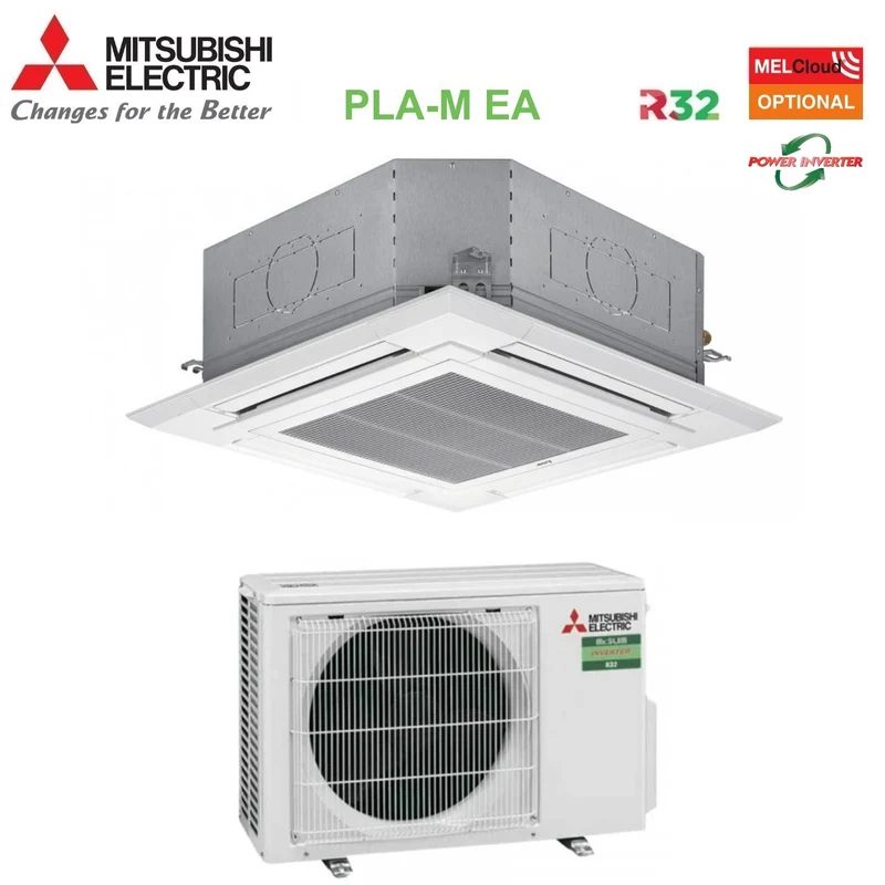 Climatiseur cassette Mitsubishi Electric 90x90 à 4 voies avec Inverter, 18 000 BTU PLA-M50EA + PUZ-ZM50VKA, R-32, Wi-Fi en option, grille incluse
