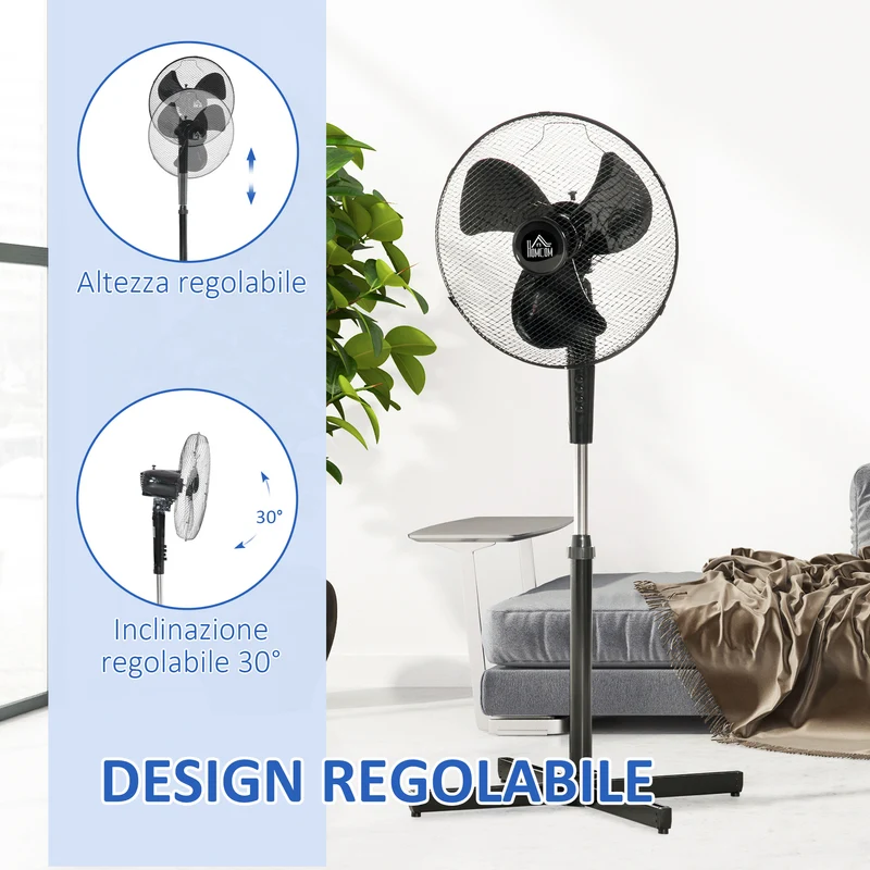 Ventilateur sur pied Easycomfort à 3 vitesses, hauteur réglable, angle d'inclinaison de 80°, PP, 60 x 60 x 90-120 cm, noir