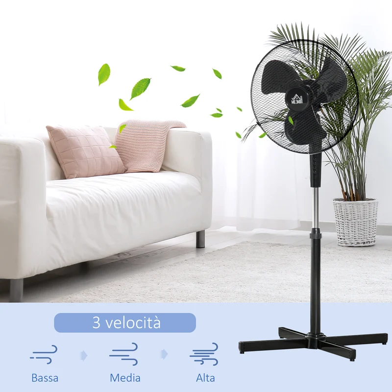Ventilateur sur pied Easycomfort à 3 vitesses, hauteur réglable, angle d'inclinaison de 80°, PP, 60 x 60 x 90-120 cm, noir