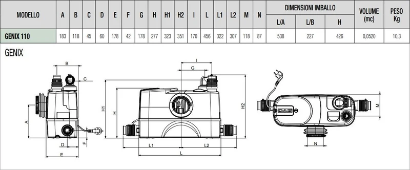Station de relevage des eaux usées DAB GENIX 130 avec broyeur, WC, lavabo et douche
