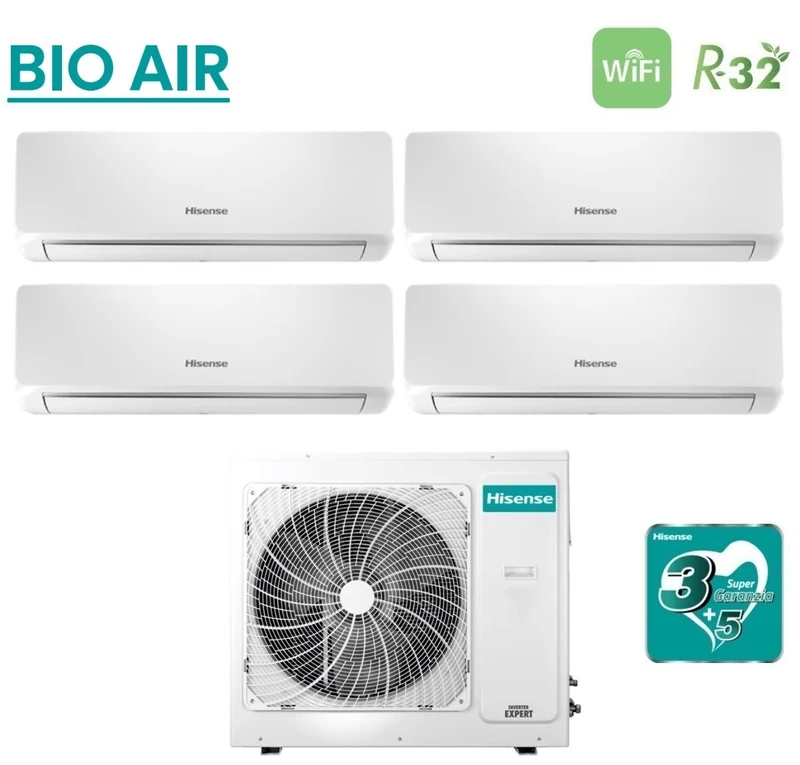 Climatiseur Hisense Quadri Split Inverter série BIO AIR 9+9+9+12 avec 4AMW81U4RAA R-32 et Wi-Fi intégré 9000+9000+9000+12000