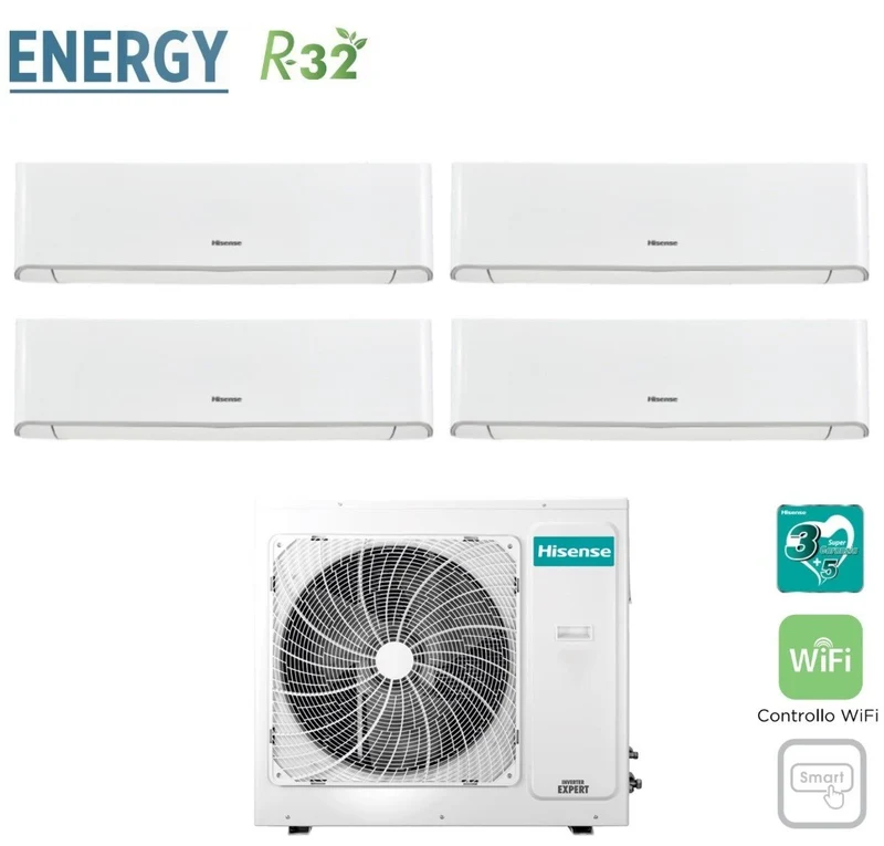 Climatiseur Hisense Quadri Split Inverter série ENERGY 9+9+12+12 avec 4AMW81U4RAA R-32 Wi-Fi intégré 9000+9000+12000+12000