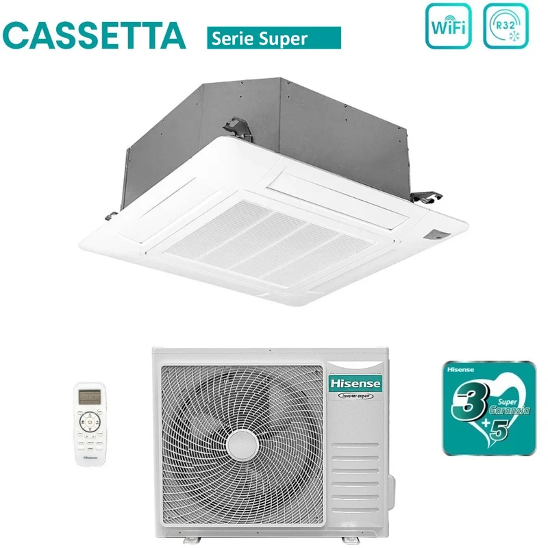 Climatiseur cassette Hisense Inverter série SUPER 24 000 BTU ACT71UR4RJC8 + AUW71U4RJ7 R-32 Wi-Fi en option Classe A++/A+ avec télécommande et panneau inclus