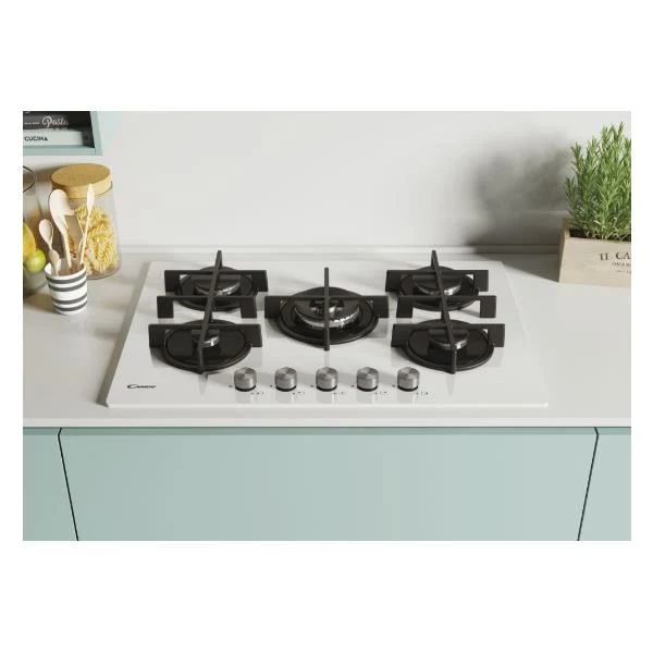 Plaque de cuisson encastrable Candy CVG74WPW 5 brûleurs (L 74,5 x P 51 cm) en verre trempé blanc