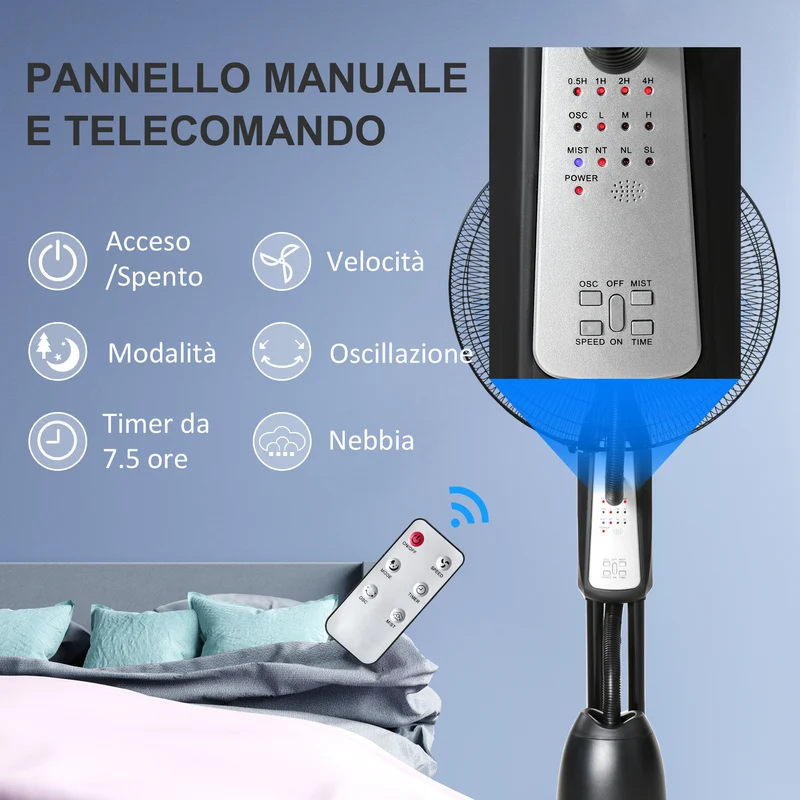 Ventilateur brumisateur et déshumidificateur oscillant Easycomfort 70° avec 3 modes, télécommande et minuterie 7,5 h, réservoir de 2,8 L, 90 W, 44,5 cm x 120 cm