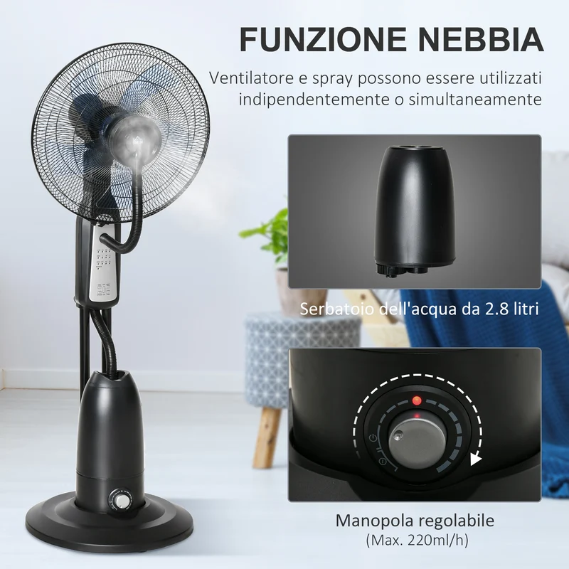 Ventilateur brumisateur et déshumidificateur oscillant Easycomfort 70° avec 3 modes, télécommande et minuterie 7,5 h, réservoir de 2,8 L, 90 W, 44,5 cm x 120 cm