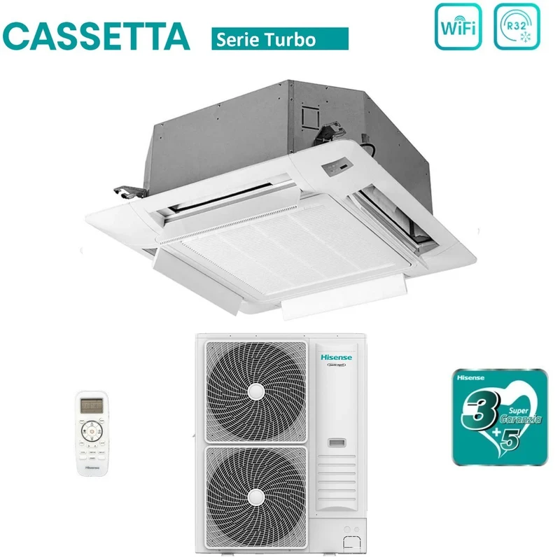 Climatiseur cassette Hisense Inverter série TURBO 42 000 BTU AUC125UR4RKC8 + AUW125U6RN8 R-32 Wi-Fi en option, télécommande et panneau inclus