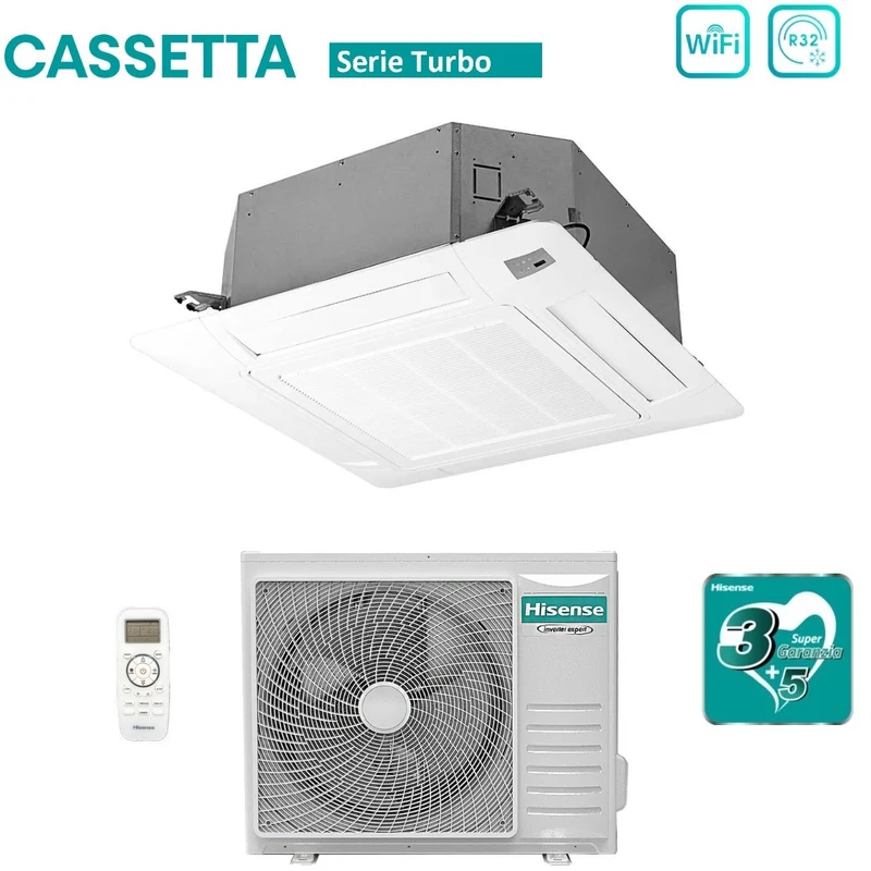Climatiseur cassette Hisense Inverter série TURBO 24 000 BTU ACT71UR4RJC8 + AUW71U4RK8 R-32 Wi-Fi en option Classe A++/A+ avec télécommande et panneau inclus