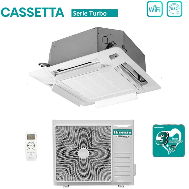 Climatiseur cassette Hisense Inverter série TURBO 24 000 BTU ACT71UR4RJC8 + AUW71U4RK8 R-32 Wi-Fi en option Classe A++/A+ avec télécommande et panneau inclus