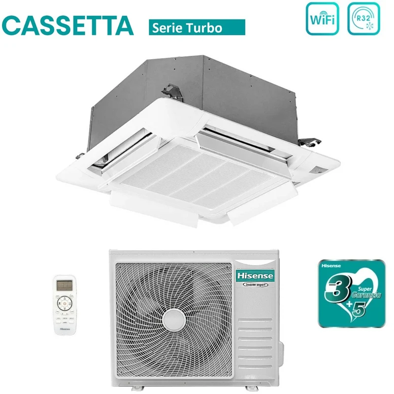 Climatiseur cassette Hisense Inverter série TURBO 24 000 BTU ACT71UR4RJC8 + AUW71U4RK8 R-32 Wi-Fi en option Classe A++/A+ avec télécommande et panneau inclus