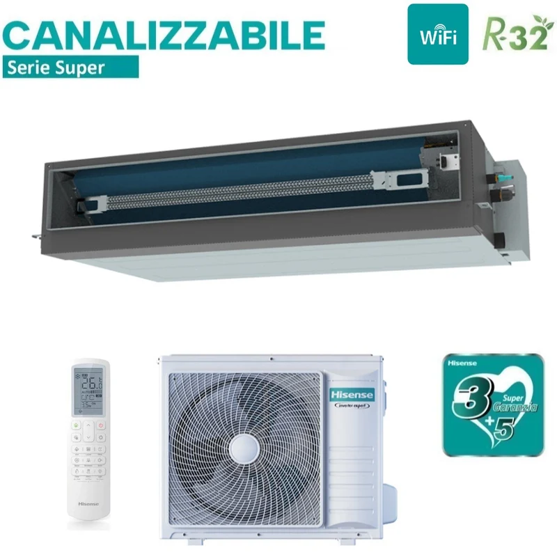Climatiseur gainable Hisense Inverter série SUPER 24 000 BTU AUD71UX4RFM8 + AUW71U4RJ7 R-32 Wi-Fi en option Classe énergétique A++/A+ avec télécommande incluse