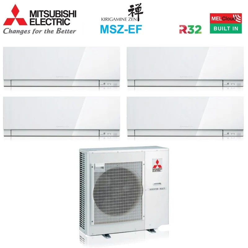 Climatiseur Mitsubishi Electric Quadri Split Inverter série KIRIGAMINE ZEN WHITE MSZ-EF 7+7+9+9 avec MXZ-4F80VF R-32 Wi-Fi intégré Couleur blanche 7000+7000+9000+9000