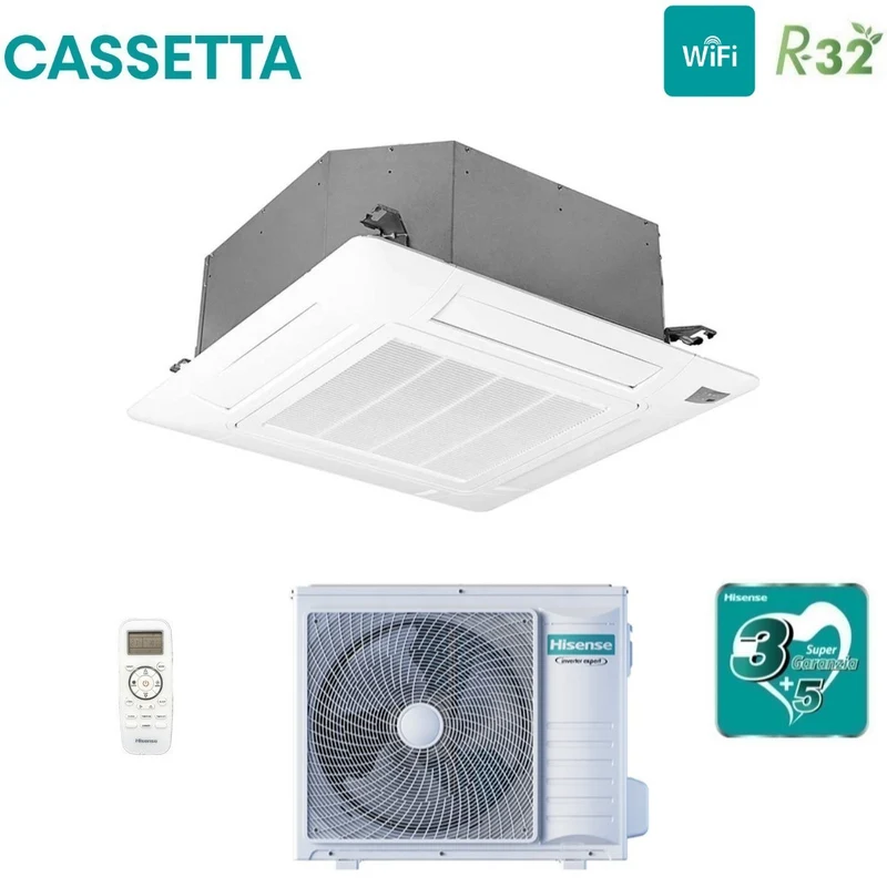 Climatiseur cassette Hisense 24 000 BTU AUC71UR4RGB4 + AUW71U4RJ7 R-32 Wi-Fi avec télécommande et panneau de commande en option inclus