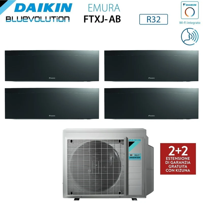 Climatiseur quadri-split inverter Daikin Bluevolution Quadri EMURA BLACK III série 7+7+12+18 avec 4MXM80N R-32, Wi-Fi intégré, puissance 7000+7000+12000+18000 BTU, couleur noire - Garantie italienne