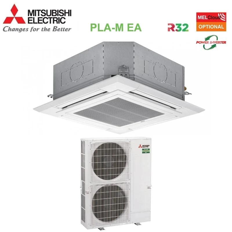 Climatiseur cassette Mitsubishi Electric Inverter 4 voies 90x90 42 000 BTU PLA-M125EA + PUZ-ZM125YKA triphasé R-32, Wi-Fi en option, grille incluse