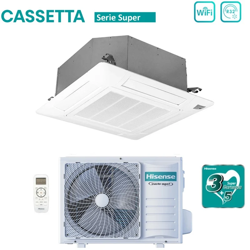 Climatiseur cassette Hisense Inverter série SUPER 18 000 BTU ACT52UR4RCC8 + AUW52U4RS7 R-32 Wi-Fi en option Classe A++/A+ avec télécommande et panneau inclus