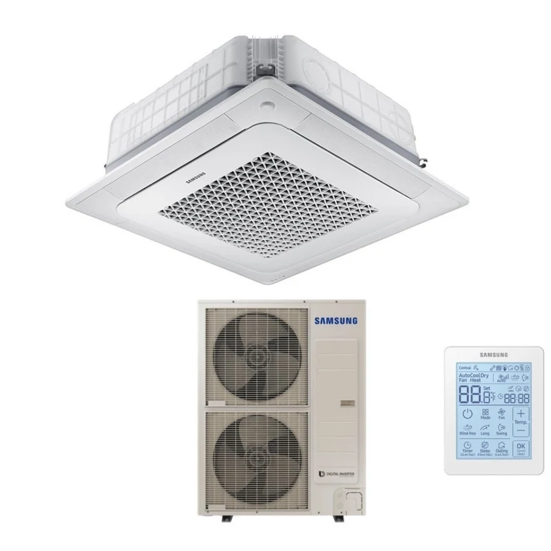 Climatiseur cassette Samsung Inverter 4 voies WindFree 48 000 BTU AC140NN4DKH triphasé avec télécommande sans fil et panneau inclus