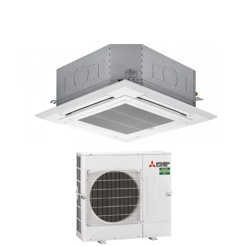 Climatiseur cassette Mitsubishi Electric 90x90 à 4 voies avec inverter, 34 000 BTU, PLA-SM100EA + PUZ-SM100YKA, triphasé, R-32, Wi-Fi en option, grille incluse.