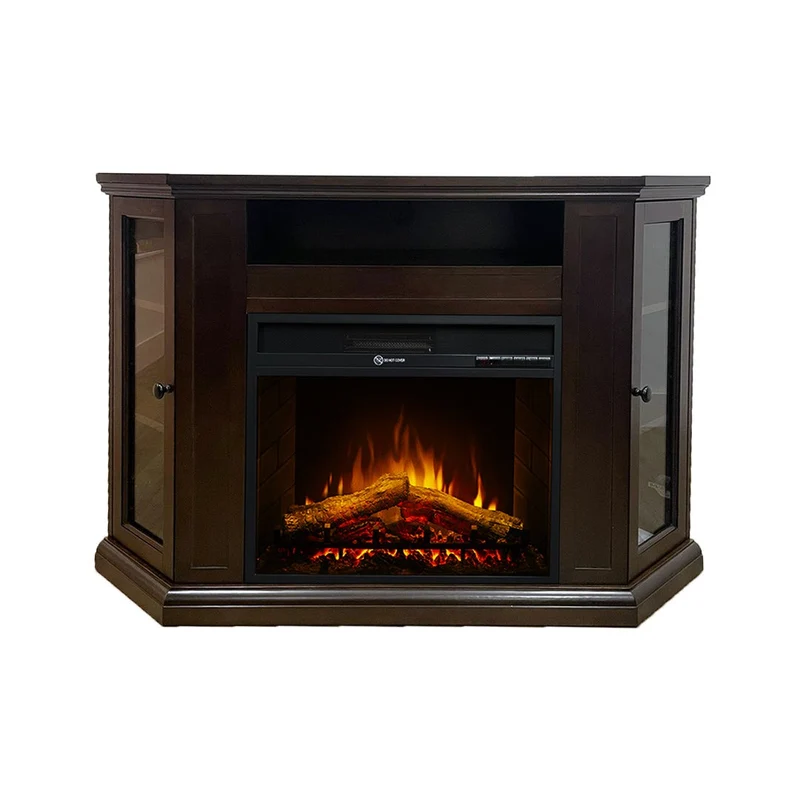 Cheminée électrique d'angle MADISON sur pied en bois de noyer L126 x P78 x H83