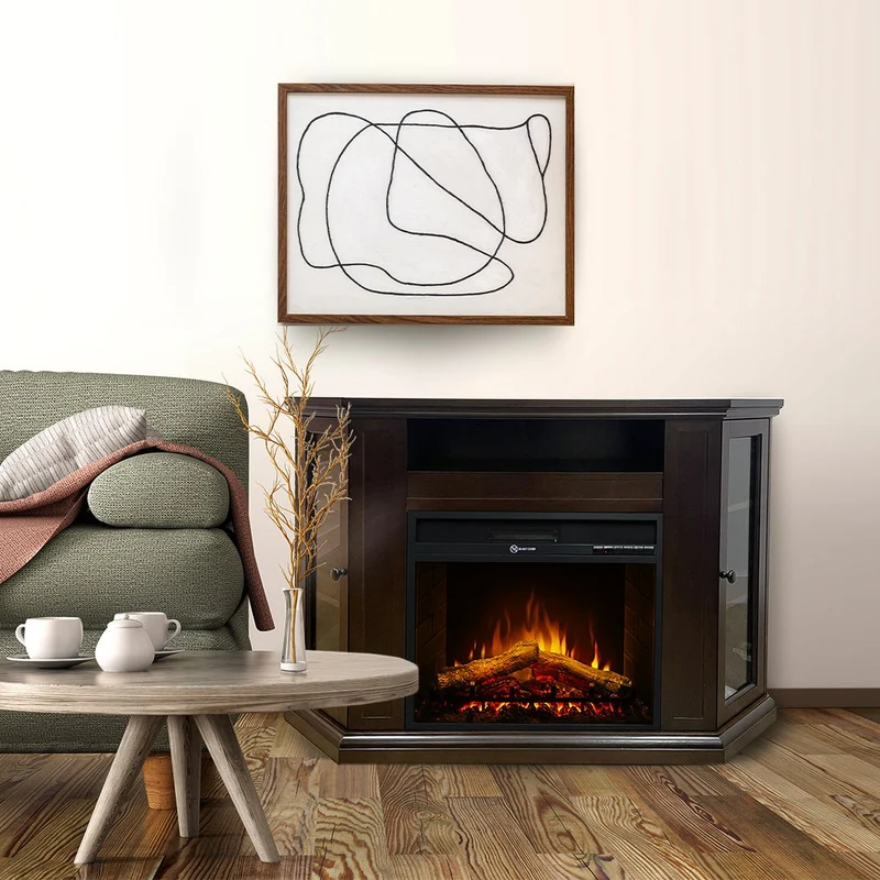 Cheminée électrique d'angle MADISON sur pied en bois de noyer L126 x P78 x H83