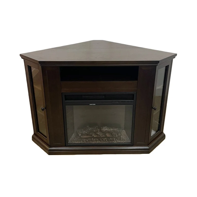 Cheminée électrique d'angle MADISON sur pied en bois de noyer L126 x P78 x H83