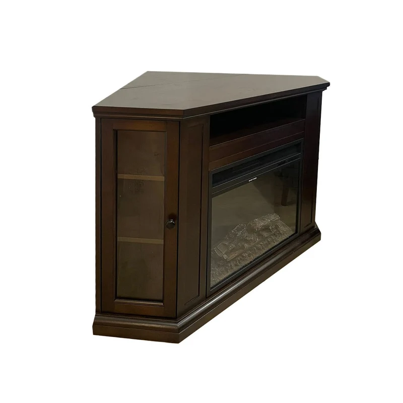 Cheminée électrique d'angle MADISON sur pied en bois de noyer L126 x P78 x H83