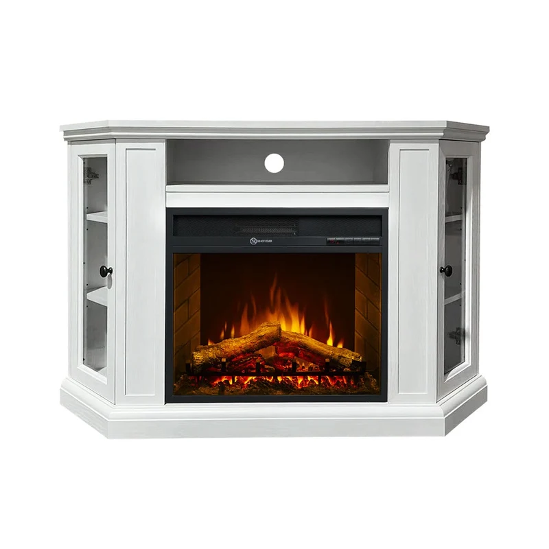 Cheminée électrique d'angle MADISON sur pied en bois blanc, L126 x P78 x H83