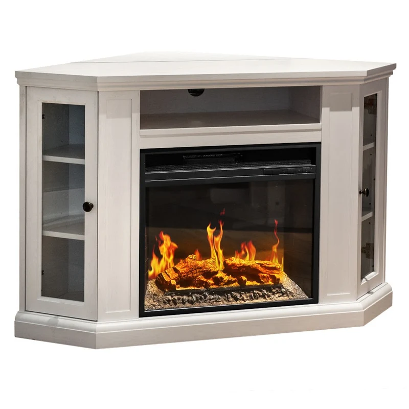 Cheminée électrique d'angle MADISON sur pied en bois blanc, L126 x P78 x H83