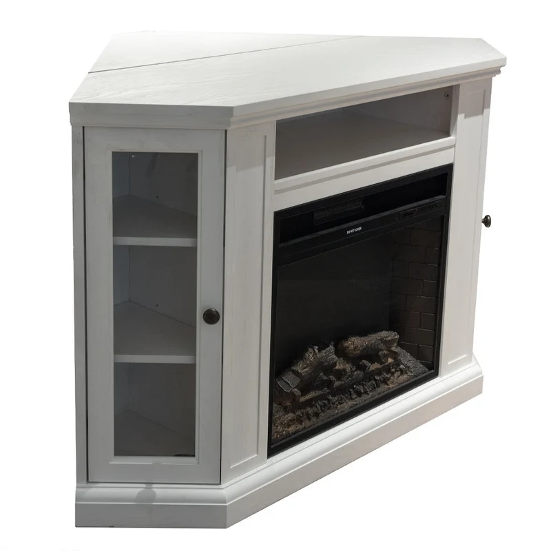 Cheminée électrique d'angle MADISON sur pied en bois blanc, L126 x P78 x H83