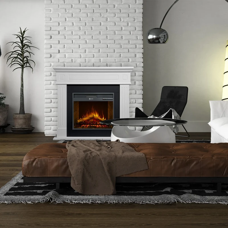 Cheminée électrique CAMBRIDGE, sur pied, bois blanc, L110 x P25 x H95