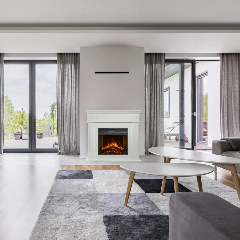 Cheminée électrique CAMBRIDGE, sur pied, bois blanc, L110 x P25 x H95