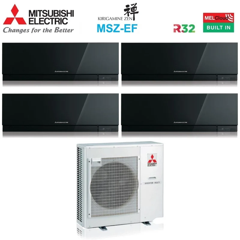 Climatiseur Mitsubishi Electric Quadri Split Inverter série KIRIGAMINE ZEN BLACK MSZ-EF 7+7+15+15 avec MXZ-4F80VF R-32 Wi-Fi intégré Couleur noire 7000+7000+15000+15000
