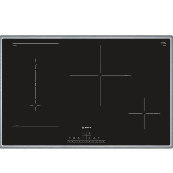 Plaque à induction Bosch PVS845FB5E Série 6, 4 brûleurs (L 79,5 x P 51,7 cm), revêtement vitrocéramique noir, cadre en acier