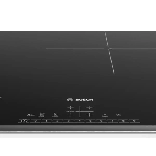 Plaque à induction Bosch PVS845FB5E Série 6, 4 brûleurs (L 79,5 x P 51,7 cm), revêtement vitrocéramique noir, cadre en acier