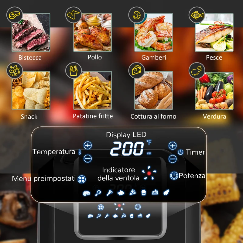 Friteuse à air Easycomfort 8 en 1, 6,5 litres, 1700 W, avec 12 programmes, accessoires et écran LED, noire
