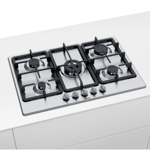 Plaque de cuisson à gaz Bosch Série 4 PGQ7B5B90 à 5 brûleurs (L75 x P52) en acier inoxydable