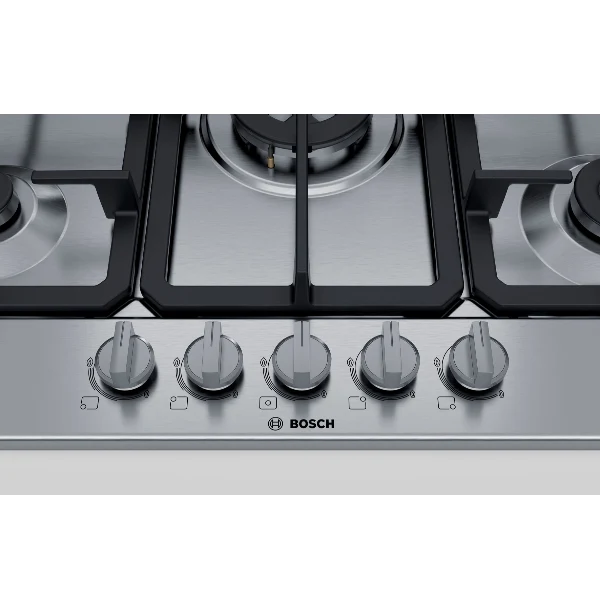 Plaque de cuisson à gaz Bosch Série 4 PGQ7B5B90 à 5 brûleurs (L75 x P52) en acier inoxydable
