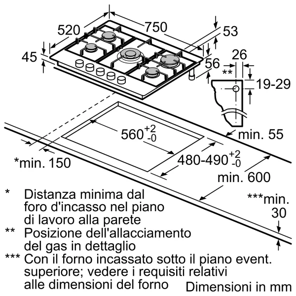 Plaque de cuisson à gaz Bosch Série 4 PGQ7B5B90 à 5 brûleurs (L75 x P52) en acier inoxydable