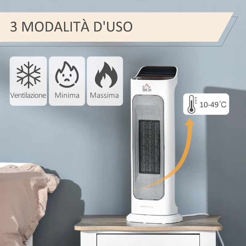 Chauffage électrique oscillant Easycomfort avec télécommande, température réglable et minuterie, puissance 1000 W/2000 W, 17,6 x 13,7 x 50 cm, blanc