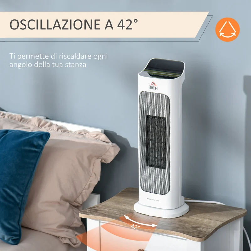 Chauffage électrique oscillant Easycomfort avec télécommande, température réglable et minuterie, puissance 1000 W/2000 W, 17,6 x 13,7 x 50 cm, blanc