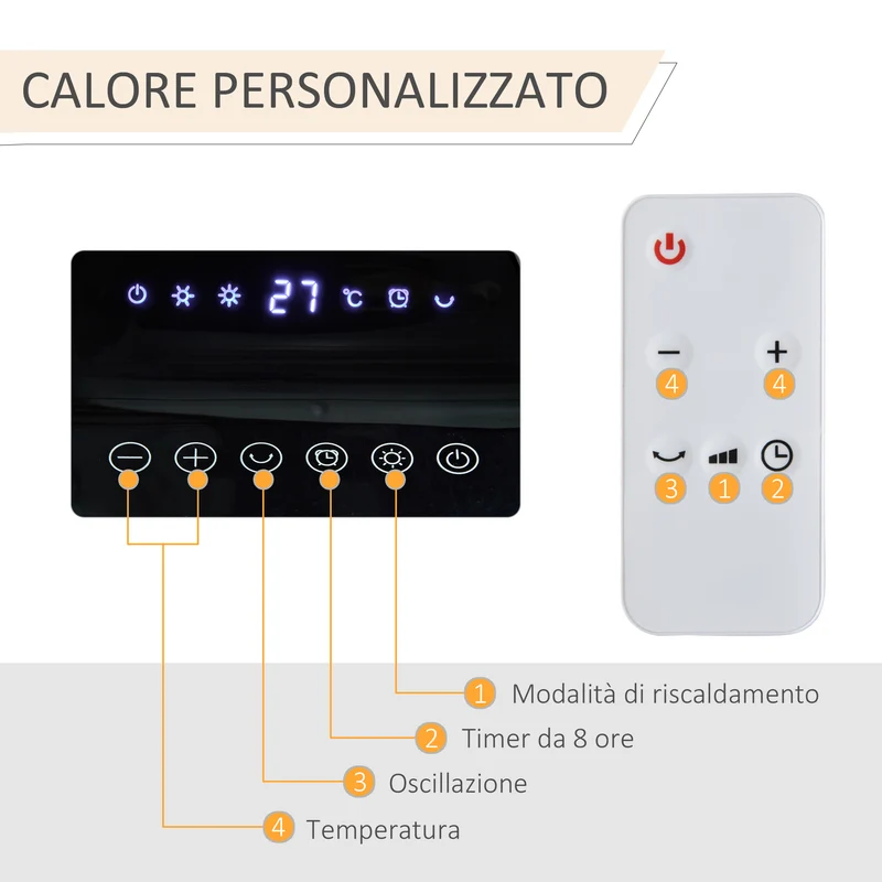 Chauffage électrique oscillant Easycomfort avec télécommande, température réglable et minuterie, puissance 1000 W/2000 W, 17,6 x 13,7 x 50 cm, blanc