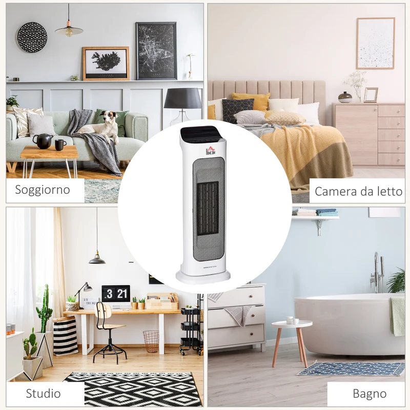 Chauffage électrique oscillant Easycomfort avec télécommande, température réglable et minuterie, puissance 1000 W/2000 W, 17,6 x 13,7 x 50 cm, blanc