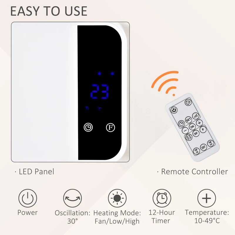 EASYCOMFORT Stufa Elettrica da Parete con Telecomando, Temperatura Regolabile e Timer - Bianco