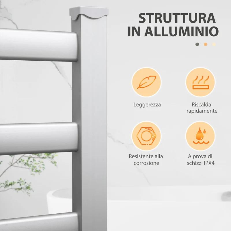 EasyComfort Scaldasalviette Elettrico da 140W a 6 Barre con Temperatura 45°C-55°C, in Alluminio, 69x36x90 cm, Argento