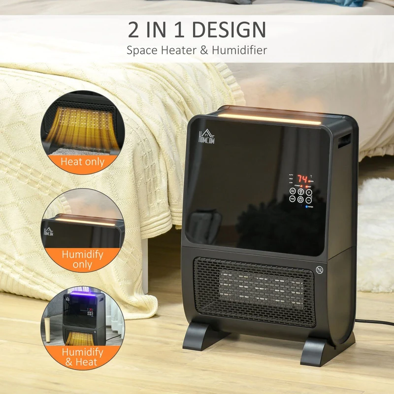 Easycomfort Stufa Elettrica 2in1 con Umidificatore, Luce LED 3 Colori, Timer e Telecomando, 33x21x49.5 cm, Nero
