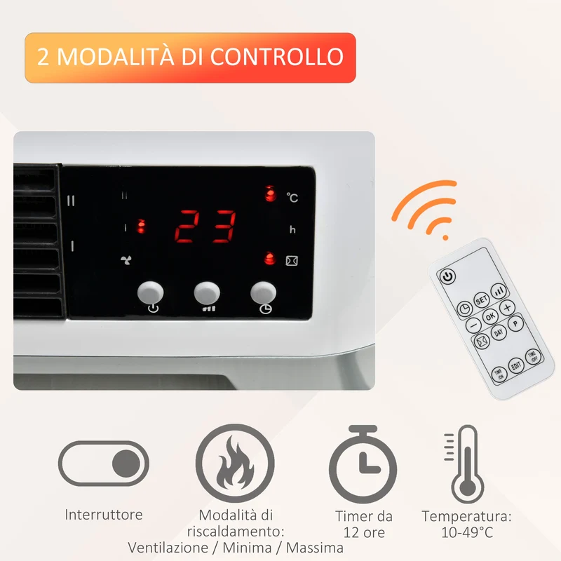 Chauffage mural électrique EasyComfort avec télécommande, température réglable et minuterie 12 heures, puissance 1000 W/2000 W, 45 x 18,6 x 11,5 cm, blanc